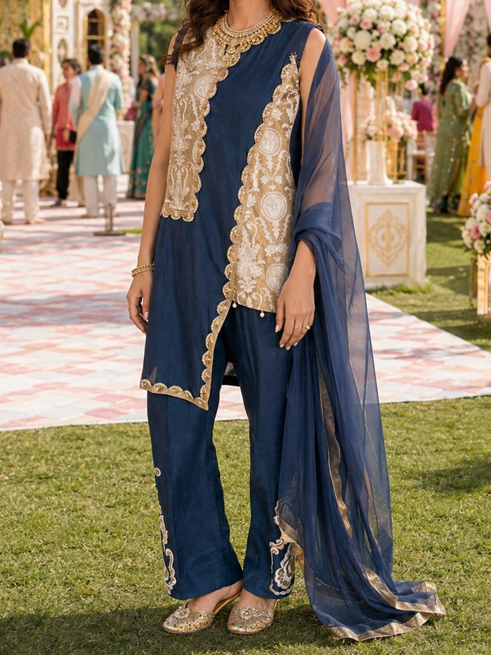 NEW Dusty Navy & Gold Embroidered Shalwar Kameez, Indian/Pakistani Coord Set